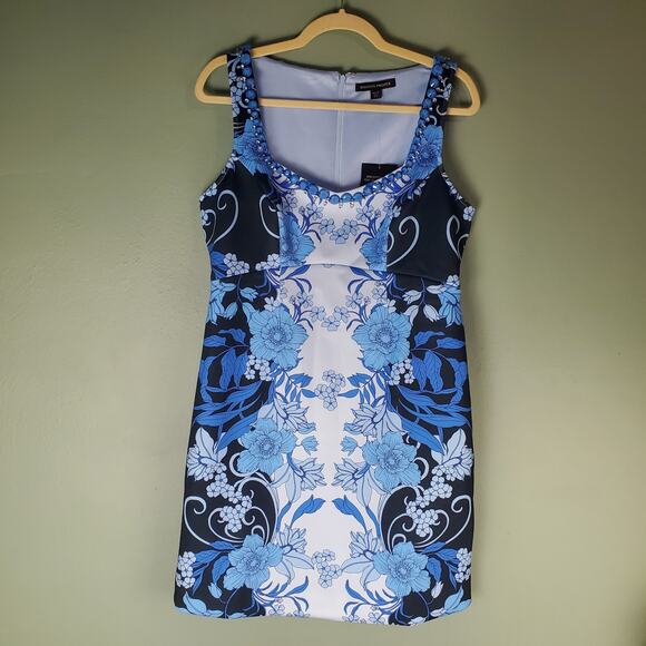 Boston Proper Women's Blue Floral Sleeveless Embellished Sheath Dress Sizes 12 - Picture 1 of 9